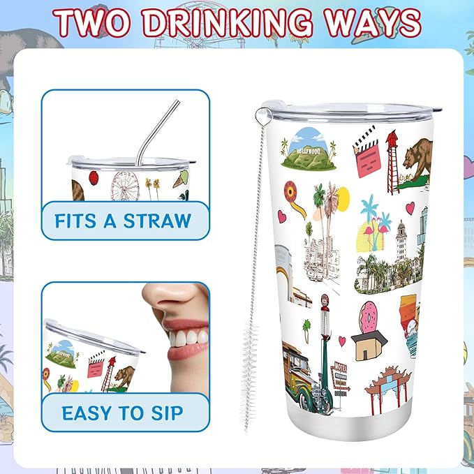 Keluna Los Angeles Souvenirs Gifts - 20Oz Stainless Steel Los Angeles Travel Mug with Lids Straw Brush Insulated, California City Travel Trip Birthday Christmas Mothers Day Gifts for Friend Family