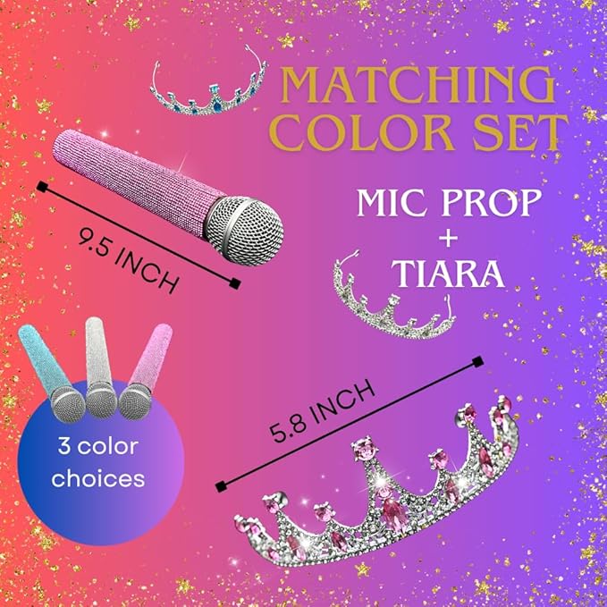 Bling Fake Microphone Prop and Crystal Tiara – Sparkly Rhinestone Toy Mic & Crown Girls Cosplay, Princess Dress Up