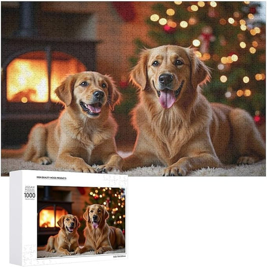 Wooden Puzzle - Golden Retriever in The Christmas House Jigsaw Puzzles，Wooden Puzzles for Adults 1000 Pieces Challenge Puzzles，Educational Games，Family Puzzles，Unique Gifts for Wall Art