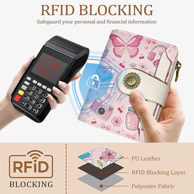 Small Wallet Women RFID Blocking Bifold Cute Credit Card Holder, Zipper Coin Pocket, PU Leather, Compact, Travel, 4 ID Window, 14 Card Slots, Cash Purse, Ladies Woman Female Girls