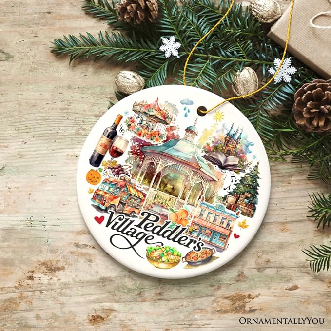 Peddler’s Village Artistic Ornament with Rustic Pennsylvania Scenery, Vintage Ceramic Christmas Souvenir