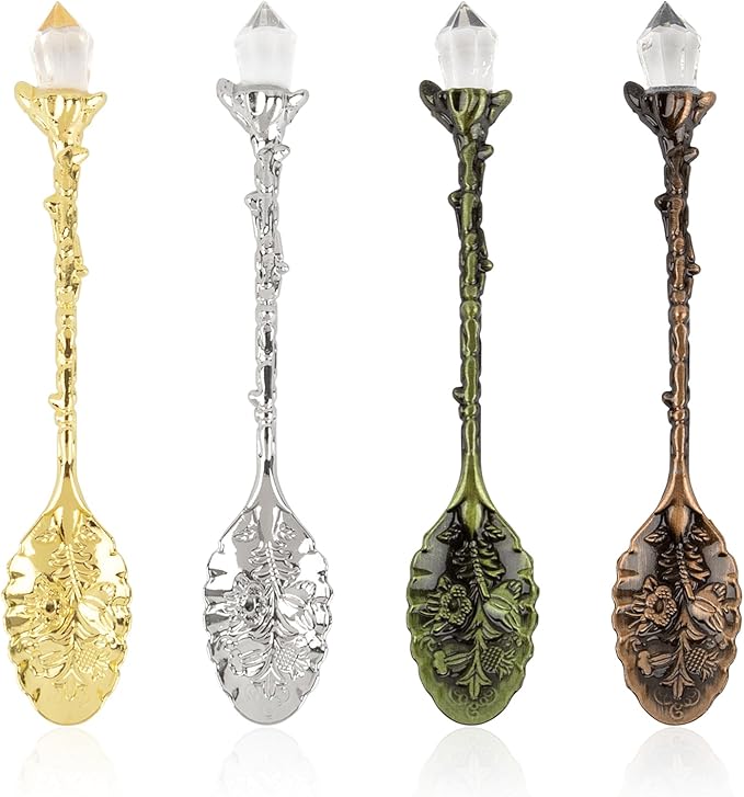 AUEAR, 4 Pack Retro Coffee Tea Crystal Spoon Antique Alloy Carved Spoons for Tableware 4 Colors