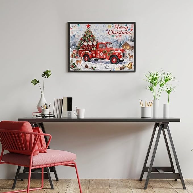 Merry Christmas-Red Car Gnomes 500-Piece Wooden Jigsaw Puzzle, Holiday Cheer Puzzle, Red Car Gnomes Scene, Family Entertainment, Relaxing Indoor Activity, Stress-Relief Fun