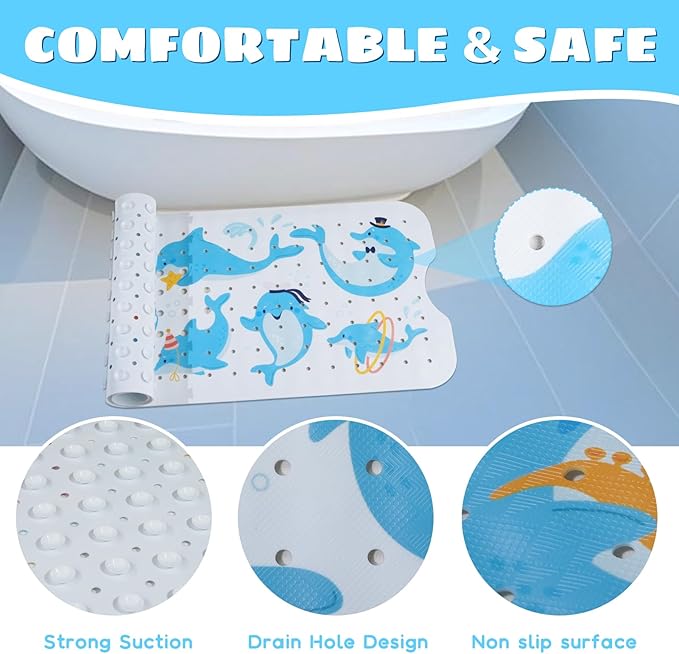 Baby Bath Mat for Tub Non Slip Kids Bathtub Mat Extra Long 40X16 Inch Toddler Bath Tub Shower Mat Anti Slip with Suction Cups & Drain Holes, Machine Washable (Dolphins)