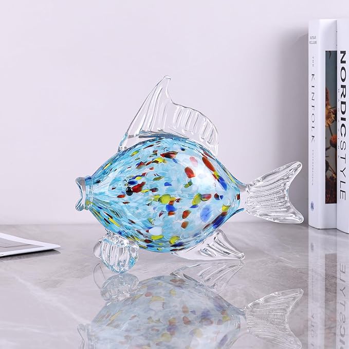 Large Glass Fish Figurine for Home Decor, Hand Blown Art Glass Ocean Animal Statue, Decorative Coastal and Beach Themed Sculpture for Table, Shelf, Bathroom, Living Room or Office