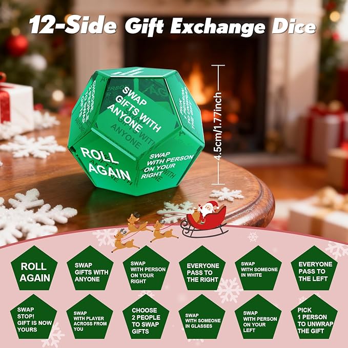 Santa Swap Gift Exchange Dice, Xmas Stocking Stuffers 2025, Exchange Game, 12 Sided Dice for Holiday Parties, Family Gatherings & Office Events with Themed Gameplay Actions