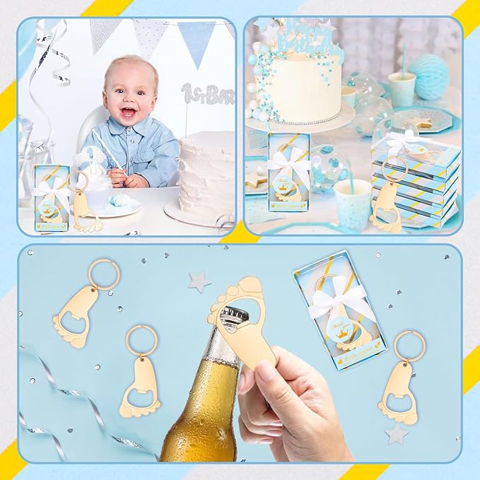 24Pcs Baby Boy Foot Keychain Footprint Bottle Openers Footprint Keychain Bottle Opener Small Foot Bottle Opener Keychain Baby Shower Return Gift for Party Favors with Blue Boxes (baby feet)