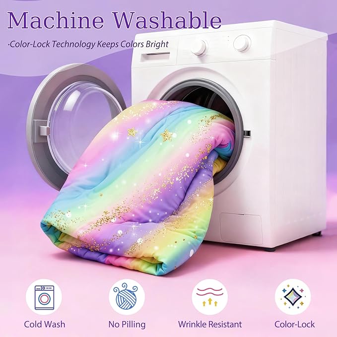 Rainbow Bedding Set Queen Size – 6-Piece Reversible Girls Comforter with Deep-Pocket Sheet, Gradient Galaxy Design, Whole-Piece Filling, Machine Washable Bed-in-a-Bag for Kids Room Makeover & Gifts