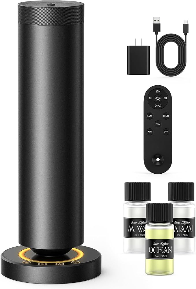 Waterless Diffuser with 90ML Essential Oils, Covers 1000 Sq Ft, Diffusers for Home Hotel, Adjustable Mist & Timer, Scent Diffuser Starter Kit with Night Light, Corded Electric,Black