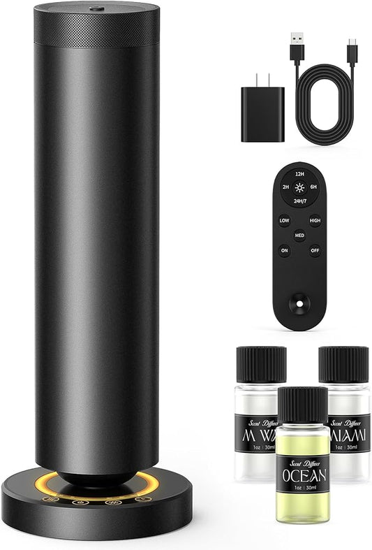 Waterless Diffuser with 90ML Essential Oils, Covers 1000 Sq Ft, Diffusers for Home Hotel, Adjustable Mist & Timer, Scent Diffuser Starter Kit with Night Light, Corded Electric,Black