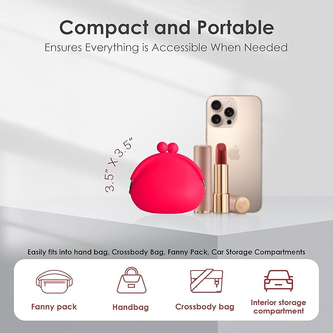 Coin Purse for Women – Silicone Small Coin Pouch with Kiss Lock for Coins, Keys, Lipstick, and Earphones – Mini Cute Change Purse, Coin Purse & Pouch for Daily Life, Cars, Travel, Party (Dragonfruit)