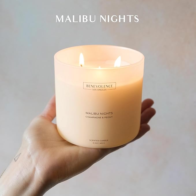 Champagne & Peony – Benevolence LA Large 3-Wick Scented Candle for Home | 15oz, 50-Hour Burn | Natural Soy Wax, Cotton Wicks | Gift Ideas for Women | Malibu Sands Collection