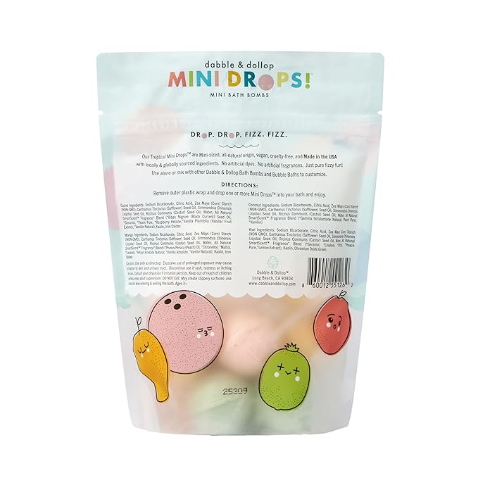 Dabble & Dollop Mini Bath Bombs, 100% Natural Droplets for Kids, Tropical Scents - Resealable Pouches, Fizzy, Moisturizing & Fun, Vegan, Gluten-Free, Cruelty-Free (Set of 24)