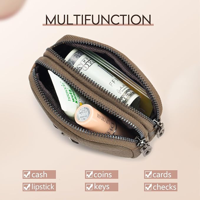 imeetu Women Leather Coin Purse, Small 2 Zippered Change Pouch Wallet