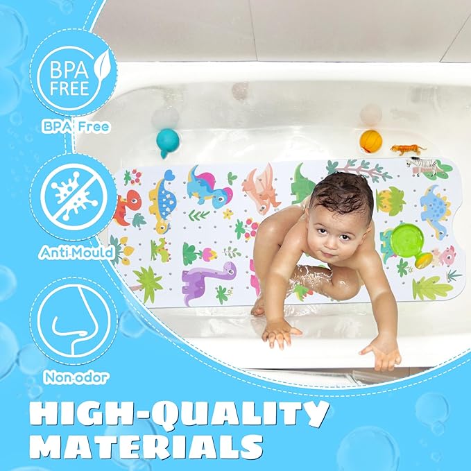 Baby Bath Mat for Tub Non Slip Kids Bathtub Mat Extra Long 40X16 Inch Toddler Bath Tub Shower Mat Anti Slip with Suction Cups & Drain Holes, Machine Washable (Forest Dinosaur)
