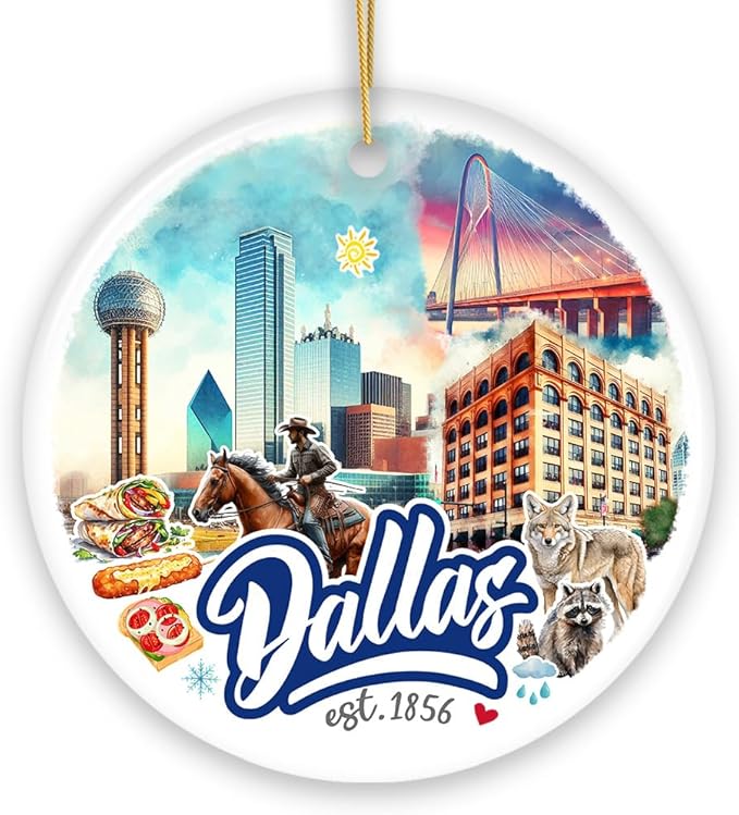 Artistic Dallas Texas Christmas Ornament, Unique Ceramic Keepsake Souvenir and Gift