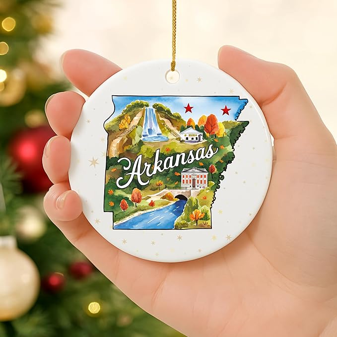 USA State Landmark Ceramic Ornament – Round Glossy Christmas Decoration Featuring U.S. State Art, Landmarks & Holiday Scenery – Collectible Travel Souvenir Ornament Series (Arkansas)