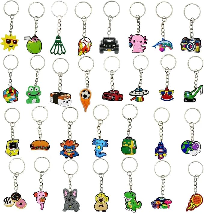 Ella & Emma 30/50/100 Bulk Different Keychains, Mixed Non-Repeat Cute Key Chain for Classroom Prizes Students Incentives Holiday Gifts Party Favors (30pcs Boys Mixed)