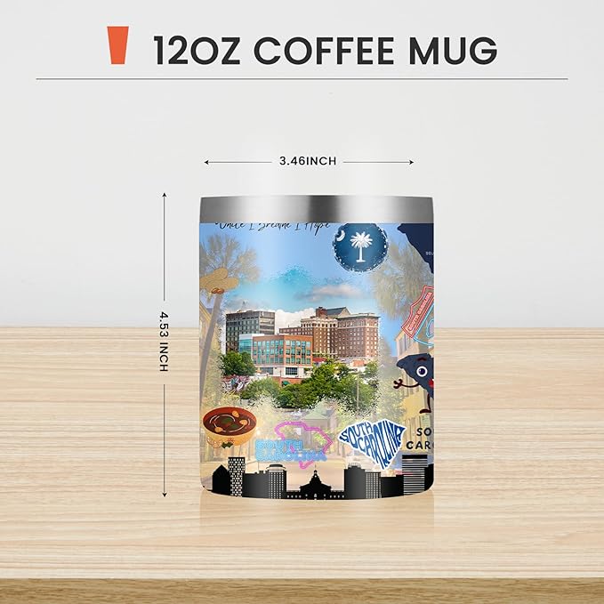 12oz Coffee Mug South Carolina State Insulated Coffee Cups, United States Map Travel Mug Landmark, Birthday Gifts Cute Mugs with Lid and Straw Gifts for Mom