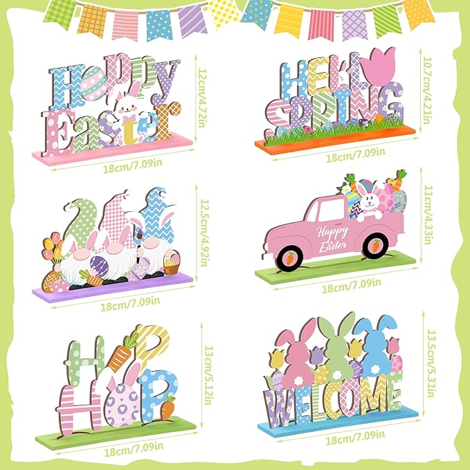 Hoolerry 6 Pcs Easter Table Decorations Wooden Happy Easter Table Centerpieces Hello Spring Colorful Egg Bunny Tabletop Signs for Dinner Party Indoor Outdoor Decor