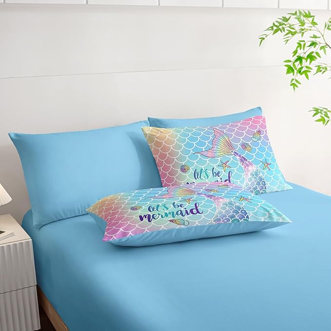 7Pcs Mermaid Tail Comforter Set Rainbow Scales Printed Bedding Set with 1 Comforter, 1 Flat Sheet, 1 Fitted Sheet and 4 Pillowcases for Girls Bedroom All Season(Twin)