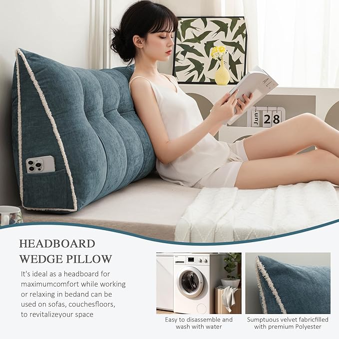 Headboard Pillow Queen, Chenille Triangular Wedge Pillow Headboard Queen Size, Reading Setting Backrest Daybed Pillows for Sofa Bed with Removable Cover, Blue