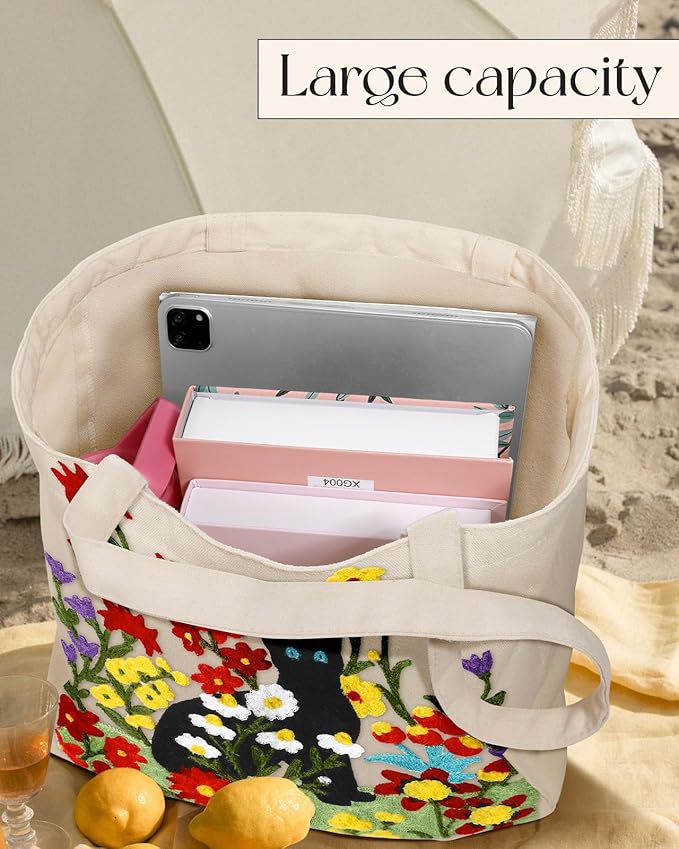 Miss Adola Aesthetic Embroidery Tote Bag for Women - Reusable Canvas Cute Shoulder Bag for Shopping, Grocery, Work, Book