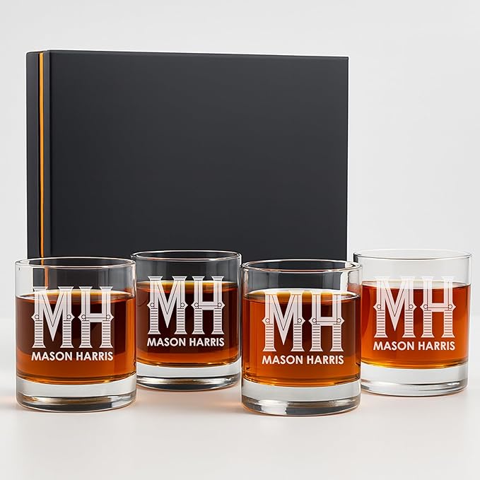 Froolu Personalized Scotch Whiskey Glasses Set - Premium Customizable Monogram Designs