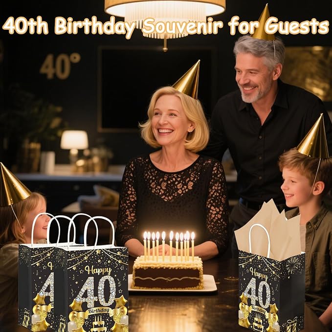 50Pcs 40th Birthday Party Favors Gift Bags Bulk, Black and Gold Happy 40th Gift Candy Wrap Bags with Tissue Paper, Vintage 40th Birthday Decorations Souvenir Bag for Men Women Anniversary Supplies (40th)