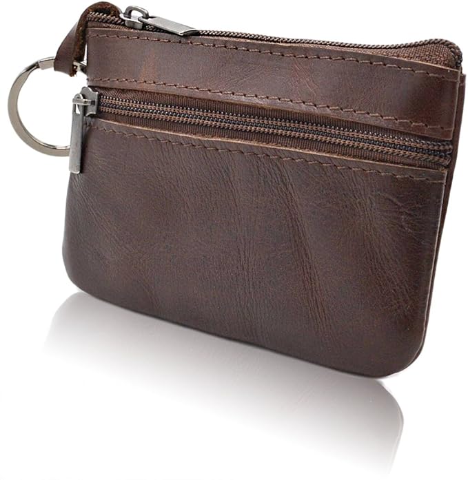 Multi-Functional Genuine Leather Wallet - Wine Red Compact Card Holder with 3 Zippers, Built-in Key Ring & Coin Purse for Travel (darkbrown)
