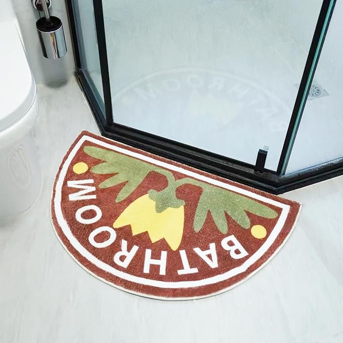 Washable Cute Bath Mat for Bathroom,31x20 Half Circle Non-Slip Small Bath Rugs,Absorbent Quick Dry Bath Mats, Plush Carpet for Bathtub, Boho Farmhouse Decor (Yellow Tulip)