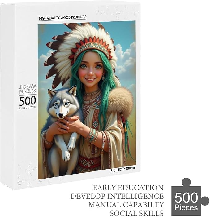 Puzzles for Adults 500 Pieces Wooden Jigsaw Puzzle - Indian Beauty & Wolf，Native American Theme Puzzle，Party Games，Family Toys，Educational Puzzles，Stress Relief Wooden Puzzle，Home Decoration