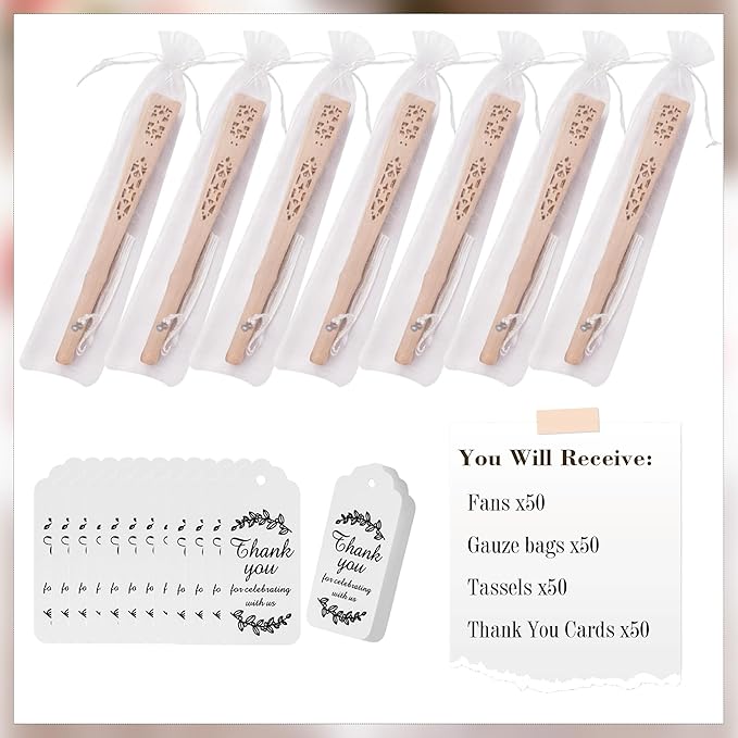 50 Pcs Wedding Fans Engraved Wooden Folding Hand Fans with Organza Bags, Wedding Party Favors for Guests, Bridal Shower & Summer Outdoor Ceremony (Style2,50)