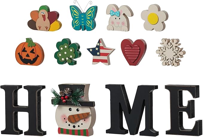 Glitzhome Interchangeable Home Table Signs with 13 Pcs Seasonal Icons, Wooden Changeable Home Sign for Holiday Decor, HOME Letter Sign Ornaments Set Interchangeable Holiday Decorative Shelf Blocks