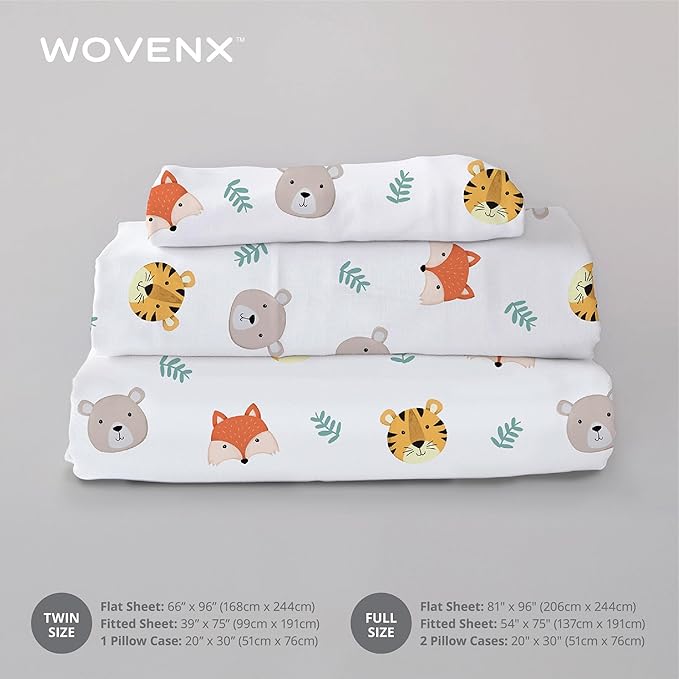 Kids Organic 100% Viscose Derived from Bamboo Sheet Set | Twin or Full Size Fitted Bed Sheets | Oeko-Tex Certified | Cute Toddler Bedding for Girls & Boys Tiger Bear Fox Full