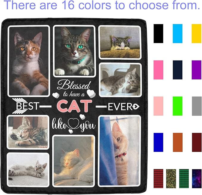 Custom Blanket Gifts for Cat, Customized Blankets with Photos, Make a Personalized Bed Throws to My Cat, Custom Souvenir Throw Blanket for Best Cat Ever, 8 Collages Made in USA