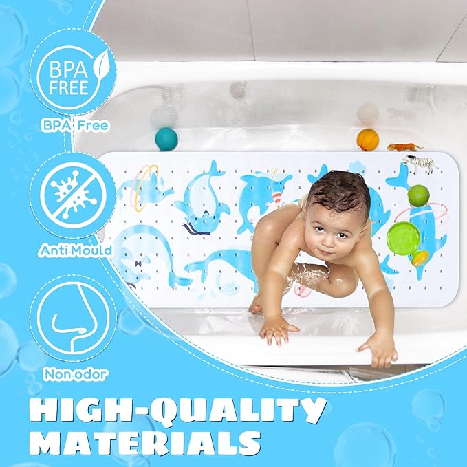Baby Bath Mat for Tub Non Slip Kids Bathtub Mat Extra Long 40X16 Inch Toddler Bath Tub Shower Mat Anti Slip with Suction Cups & Drain Holes, Machine Washable (Dolphins)