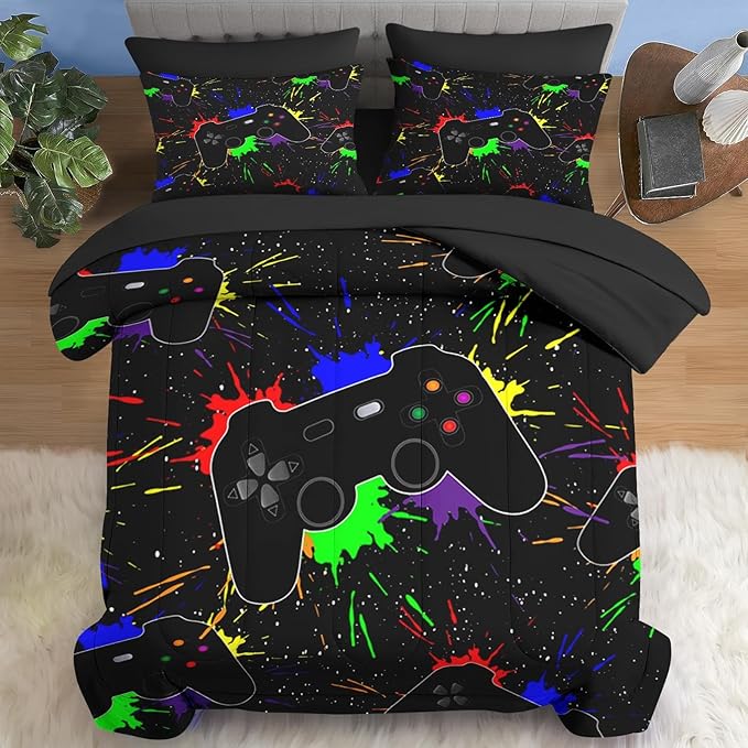 Comforter Set Twin Size, Gamepad Computer Game 5 Pcs Bedding for Kids and Adults, Play Video Gaming Bed Sheet Sets with Fitted Sheet Pillowcase & Sham for Bedroom Bed Decor