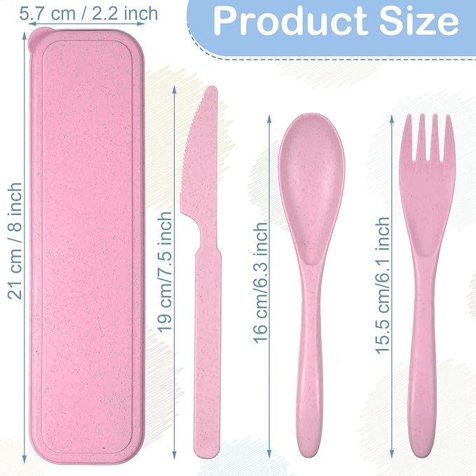 Yahenda 28 Sets Reusable Travel Utensils Set with Case Wheat Straw Cutlery Portable Spoon Knife Forks Plastic Tableware Lunch Box Accessories Bulk for Adult Travel Picnic Camping Utensil(Pastel Color)