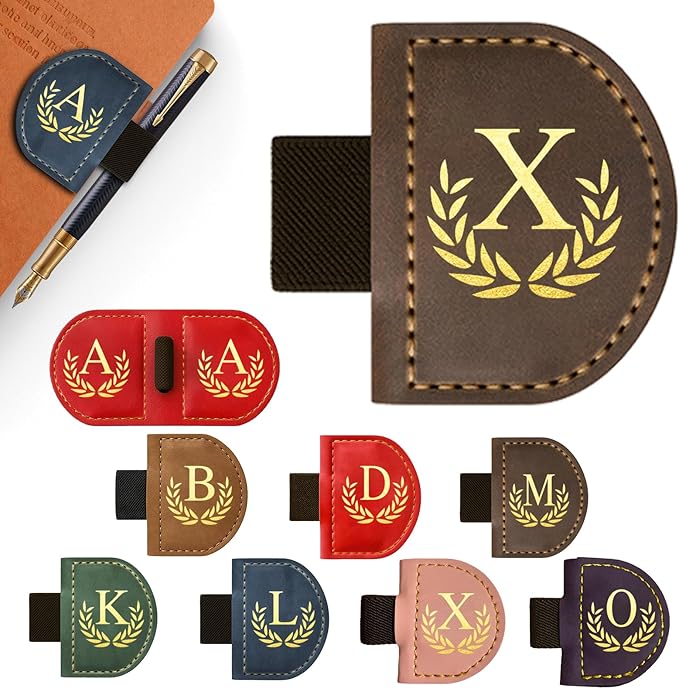Personalized Leather Magnetic Bookmark with Pen Holder, Custom Bygone Mark Bookmark with Pen Holder, Custom Bookmarks with 26 Letters for Reading Women, Men, Teachers, Book Lovers（Coffee，X）