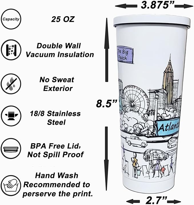 Cities Around the World 25 Oz Tumbler Series - Designed in the USA - Vacuum Insulated Tumbler with Lids & Straw - Stainless Steel Coffee Water Travel Mug, Cup for Hot Cold Drink (Atlanta)