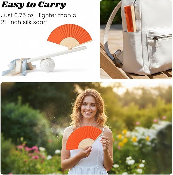 JOHOUSE 12 Packs Paper Folding Hand Fans, 8.3 Inch Orange Paper Fans Handheld Decorative Accessories for Wedding, Outdoor Party Favors, Bridal Shower DIY Decoration Photography Props