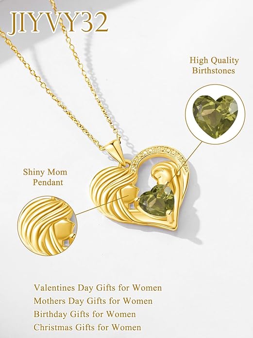Mother and Daughter/Son Love Heart Necklace White Gold/14K Gold/Rose Gold Birthstone Jewelry Christmas Mothers Day Birthday Gifts For Mom Wife Grandma Women
