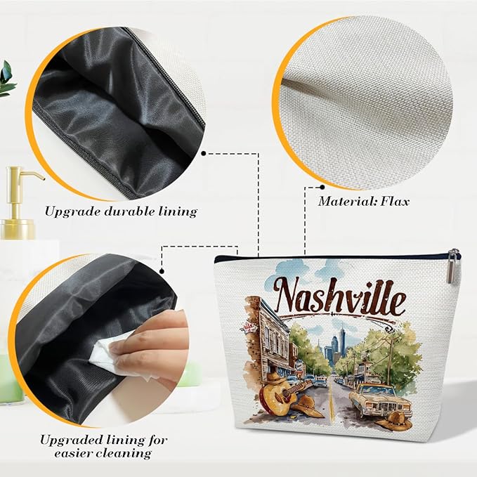 Nashville Travelling Gifts Makeup Bag, Watercolor Gift, Nashville Souvenir, Travel Cosmetic Bag for Purse, Trip Favors for Traveller, Travelling Lovers, City Themed Organizer