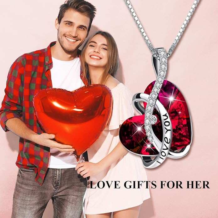 AOBOCO I Love You Sterling Silver 12 Birthstone Heart Pendant Necklace Embellished with Crystals from Austria, Mother's Day Anniversary Birthday Jewelry Christmas Gifts for Women Grandma Nana