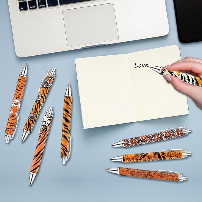 Idealmuzik Tiger Print Pens Set – Wild Animal Pattern Gel Pens for Kids, Teens, and Adults – Stylish Orange & Black Tiger Stripe Stationery for School, Office, Journaling, and Gift Giving, 8 Pack