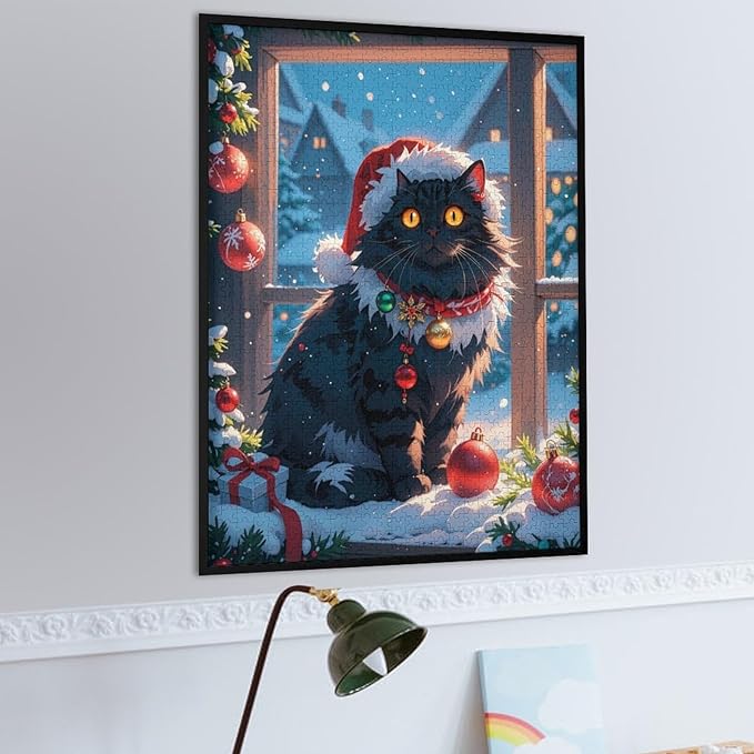 Jigsaw Puzzles for Adults 1000 Piece - Christmas Black Cat Wooden Puzzles, Unique Gifts for Wall Art，Family Puzzles，Educational Games，Challenge Puzzles