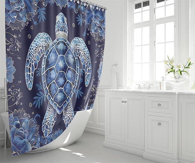 4 Pcs Sea Turtle Shower Curtain - Cartoon Animal Shower Curtain Ocean Theme Curtain with Rug,Toilet Cover and Bath Mat with 12 Hooks