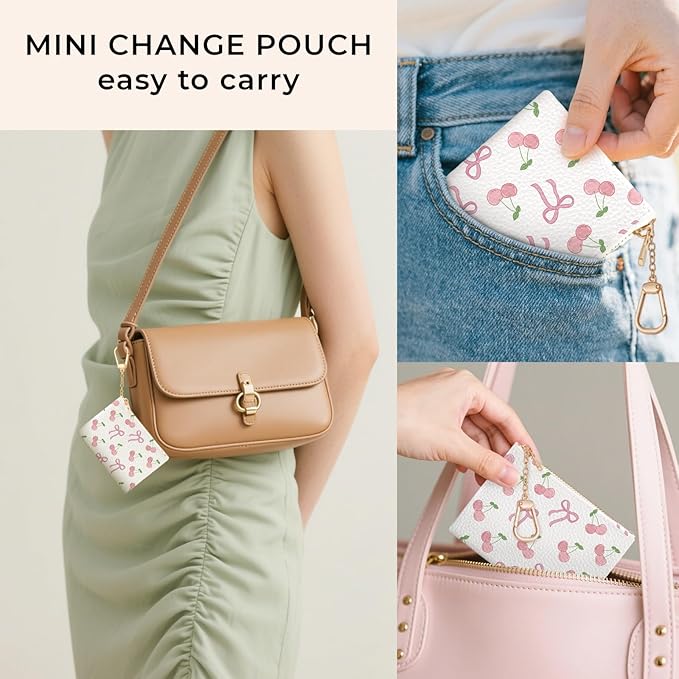 Coquette Bow Keychain Cute Coin Purse for Women, Small PU Leather Change Pouch, Zipper Little Tiny Travel Wallet for Girls, Kawaii Zip Pocket Coin Holder with Key Ring