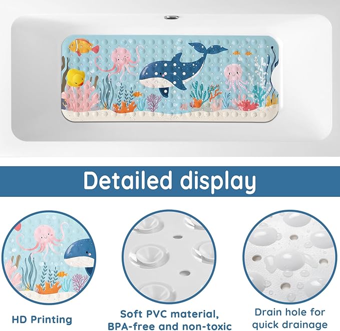 LNOND Bath Mat for Tub for Kids, Toddler Bathtub mat Non Slip, Jellyfish Coral Kids Bath Mats for Bathroom Non Slip with Drain Holes and Suction Cups,Machine Washable (40 X 16 Inch)